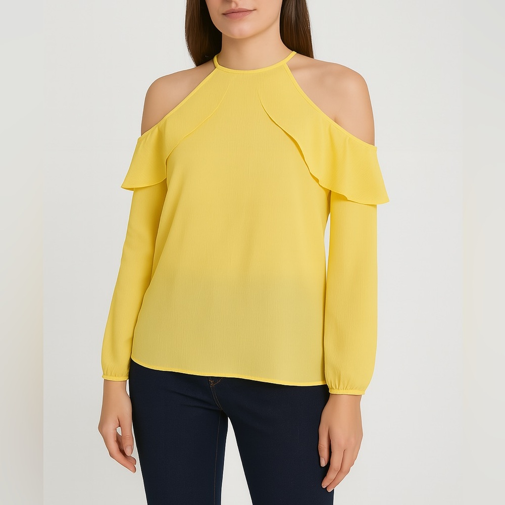 BNWT adL Yellow Cold Shoulder Blouse Ruffle Chiffon Long Sleeve Top Size S